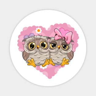 Two cute lovesick owls and a pink heart on the background Magnet